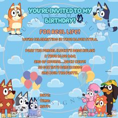 a birthday card with cartoon animals and balloons