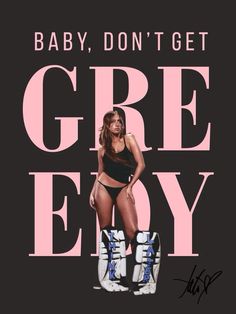 a woman in a bathing suit standing next to a pair of shoes with the words baby, don't get gre ey on it