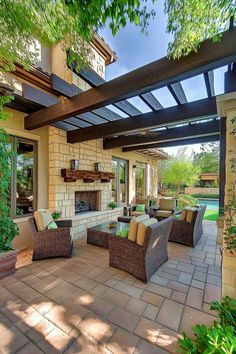 50+ Creative Covered Patio Ideas Attached to House with Fireplace House With Fireplace, Covered Pergola Patio, Covered Patio Ideas, Covered Patio Design, Arbors Trellis, Covered Pergola, Pergola Patio, Green With Envy, Patio Ideas