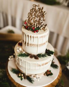 a three tiered wedding cake with pine cones and greenery