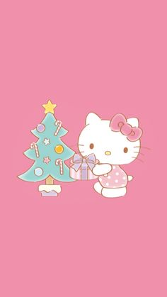 a hello kitty wallpaper with a christmas tree