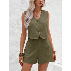 -Item Id 35424475 -Details: Button, Pocket, Zipper -Neckline: V Neck -Style: Casual -Color: Army Green -Pattern Type: Plain -Tops Sleeve Length: Sleeveless -Tops Length: Regular -Pants Length: Short -Top Type: Blazer -Tops Material: Cotton -Pants Material: Woven Fabric -Bottom Type: Shorts -Tops & Pants Composition: 100% Cotton -Fit Type: Regular Fit -Fabric: Non-Stretch -Care Instructions: Machine Wash Or Professional Dry Clean -Pockets: Yes -Sheer: No **Open To Offers!!!** **Bundle To Save Mor Casual Vacation Outfits, Tube Top And Skirt, Chaleco Casual, Striped Vests, Brown Pattern, Linen Casual, Plain Tops, Boutique Tops, Cotton Bottoms