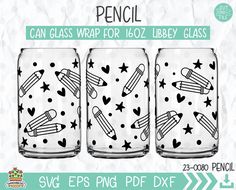 three glass jars with black and white drawings on them, one is filled with pencils