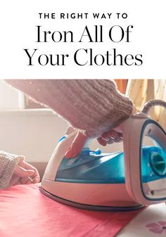 a person ironing fabric with a blue and white steam iron on an ironing board