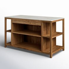 a wooden entertainment center with marble top and shelves on one side, against a white background