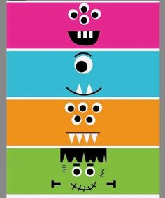 four different colored monsters with big eyes and fangs on their faces, all in the same row