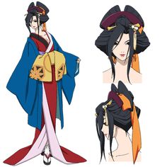 an anime character with long black hair and wearing a kimono