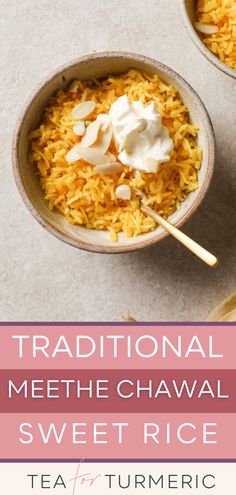 two bowls filled with rice and topped with sour cream, on top of a table