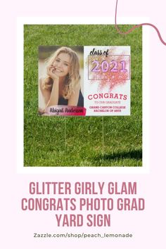 Class of 2021 Girly Glam Faux Pink and Purple Glitter Graduation Class of custom name, photo, and school Graduation Party Outdoor Yard Sign. Customize this banner for the graduating senior with this elegant, modern, stylish, and trendy scripted name banner. Graduation Party Outdoor, Peach Lemonade, Name Banner, Party Outdoor, Name Photo, Name Banners, Frame Stand