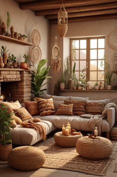 a living room filled with lots of furniture and plants on top of the floor next to a fire place