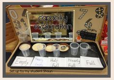 a display case with cups and numbers on the side, labeled capacity expornation