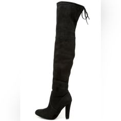 The Name Says It All! You'll Be Absolutely Stunning In The Steve Madden Gorgeous Black Suede Over The Knee Boots, With Soft Vegan Suede That Adorns The Almond Toe, And 23" Over-The-Knee Shaft. Collar Has A 15" Circumference And Ties At Back With Vegan Suede Laces. 4" Heel. Lightly Cushioned Insole. Felted, Nonskid Rubber Sole. All Vegan Friendly, Man Made Materials. Imported. Style 267866 *Brand New* *Never Worn* Black Suede High Heel Knee-high Boots, Black Suede Knee-high High Heel Boots, Black Suede Knee-high High-heel Boots, Black Suede Knee-high Boots With High Heels, Black Suede Knee-high Boots For Spring, Chic Black Lace-up Knee-high Boots, Black Almond Toe Knee-high Boots For Spring, Suede Over The Knee Boots, Thigh High Heels