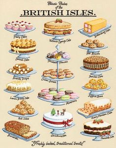 the british isles poster with different types of cakes