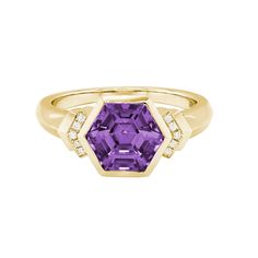 Yellow Gold Amethyst Ring With Emerald Cut, Amethyst Diamond Ring In Yellow Gold, Yellow Gold Amethyst Diamond Ring With Accent Stones, Fine Jewelry Purple Octagon Rings, Yellow Gold Octagon Rings With Gemstone Accents, Octagon Yellow Gold Ring With Gemstone Accents, Purple Octagon Amethyst Rings, Fine Jewelry Octagon Amethyst Ring, Octagon-shaped Purple Amethyst Rings