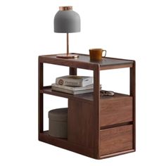 an end table with two drawers and a lamp on the top one is made out of wood