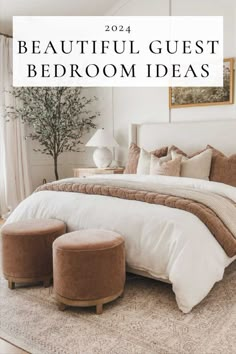 a white bed sitting in a bedroom next to a window with the words beautiful guest bedroom ideas