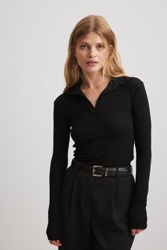 XS Black Long Sleeve Polo Outfit Women, Black Longsleeves Outfit, Black Sheer Top Outfit, Long Sleeve Polo Outfit, Sheer Top Outfit, Longsleeves Outfit, Long Sleeve Outfit Women, Haut Transparent, White Ribbed Top