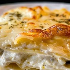 a white plate topped with lasagna covered in cheese