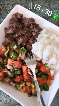 a white plate topped with meat, rice and veggies next to a fork