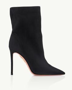 Our Matignon Booties will add a classic yet edgy addition to your closet. Made in Italy from our coveted buttery suede in rich black, the design is shaped to piercing pointy toes and is balanced on a pin-thin stiletto heel. Pair with a chic little black dress. Luxury Sandals, Stretch Boots, Aquazzura Shoes, Booties Shoes, Jeweled Sandals, Womens Ankle Boots, Shoes Booties, Suede Ankle Boots, Heeled Ankle Boots