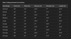 men's measurement in inches chart with measurements for each size and length, including height