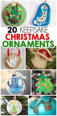 christmas ornaments with the words, 20 keepsake christmas ornaments on them and pictures of handmade