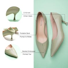 ▼Description These pointed-toe pumps are perfect for the office. They feature a two-layer design and a soft lychee leather finish that will complement a wide range of outfits in your wardrobe. The kitten heels offer just the right amount of lift for all-day wear. The foldable back pad adds a mule-inspired ease. Pair them with your favourite pantsuit or a pencil skirt on office days. ◄Details ‧ Upper: Vegan Leather‧ Lining: Lambskin�‧ Memory Foam Pad‧ Sole: Rubber‧ Pointed Toe‧ Kitten Heel‧ Slip-o Pumps Heels Stilettos, Leather Finish, Layer Design, Of Outfits, Gemstone Necklace Pendant, Kitten Heel, Layers Design, Metal Buckles, Gemstone Pendant