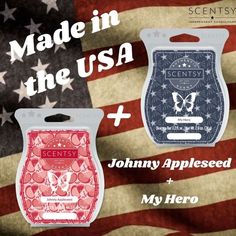 two candles with the words made in the usa and johnny appleseed next to an american flag