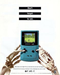 an advertisement for the nintendo wii game system with skeleton hands holding up a blue handheld device