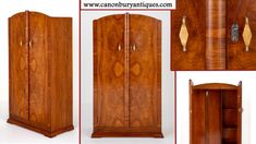 an antique wooden armoire with two doors and one door open to reveal the contents