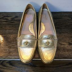 Beautiful Coach Leather Loafers With A Rubber Sole. Gold Color With A Gold Clasp. Size 8. Never Worn. Coach Loafers, Coach Shoes, Coach Leather, Leather Loafers, Loafer Flats, Flat Shoes Women, Shoes Flats, Gold Color, Loafers