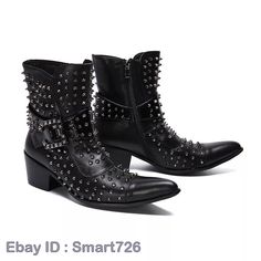 Men Fashion Punk Rivet Buckle Strap Pointy Toe Ankle Boot Youth Leather Shoes | eBay Fall Martin Boots For Concerts, Black Punk Martin Boots With Pointed Toe, Punk Style High Heel Martin Boots In Faux Leather, Edgy Pointed Toe Martin Boots For Fall, Edgy Fall Martin Boots With Pointed Toe, Punk Moto Boots With Spikes And Round Toe, Spiked Rocker Boots With Round Toe, Rocker Boots With Spikes And Round Toe, Punk Ankle-high Studded Boots