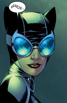 a comic character with blue goggles and a catwoman look at the viewer's face