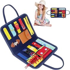 a child's travel case filled with school supplies