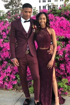 Halter Two Piece Sleeveless Side Slit Lace Prom Dresses - Prom Dresses Burgundy Groom, Groomsman Suits, Prom Outfits For Guys, Groom And Groomsmen Suits, Prom Costume, Prom Suits For Men, Suits For Wedding, Prom Couples, Beautiful Evening Dresses