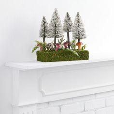 small trees are placed on top of the mantle in this white mantel with moss