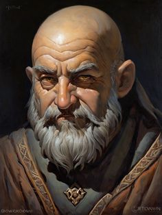 a painting of an old man with long white hair and beard wearing a brown outfit