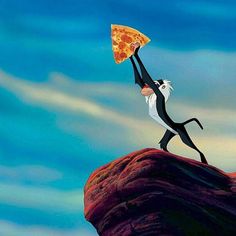 an animated cat holding up a slice of pizza on top of a rock in the air