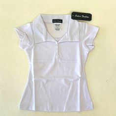 Made Of A Durable Cotton Blend With A Feminine, Slim Fit Silhouette, This Preppy Polo Is A Versatile Wardrobe Staple. Has Built In Bralette Lining. Buttons Have Some Extra Threading Around It. New With Tags. 65% Cotton / 35% Polyester Machine Wash Imported White Stretch Collared Top, Classic Summer School Tops, Fitted White Plain Tops, White Fitted Plain Tops, Classic Fitted Tops For School, White Tops For School During Summer, Fitted T-shirt For School In Spring, Classic Fitted School T-shirt, Classic Tops For School In Spring