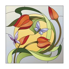 a stained glass window with flowers and leaves in the center, on a white background