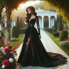 a woman in a black dress standing on a brick walkway next to flowers and bushes