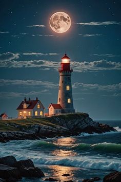 a full moon is shining over the ocean and lighthouses