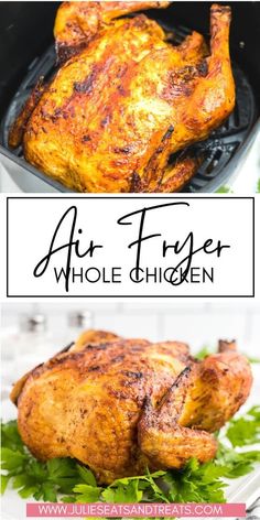 an air fryer whole chicken in a cast iron skillet