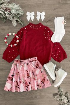 New Arrivals - Limited Supply– Sparkle In Pink Girls Holiday Outfit, Kids Holiday Outfits, Nylon Skirt, Pearl Sweater, Toddler Christmas Outfit, Girls Winter Fashion, Simple Dressing, Sweater Skirt Set