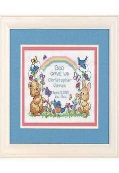 PRICES MAY VARY. Cross stitch includes contains cotton thread, 14-count white Aida, needle and easy instructions with an alphabet and numbers for personalizing. This finished birth record cross stitch measures 7'' W x 5'' H Cross stitch pattern features a fluffy bear and bunny duo with flowers under a rainbow and a space to personalize your baby's name. Baby counted cross stitch kit when complete makes a great gift for mothers-to-be! Dimensions cross stitch activity is perfect for beginners with Birth Announcement Cross, Dimensions Cross Stitch, God Baby, Birth Records, Baby Birth Announcement, Cross Stitch Baby, Counted Cross Stitch Kits, Gifts For New Parents, Baby Birth