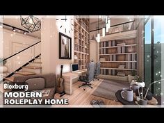 a living room filled with furniture and bookshelves