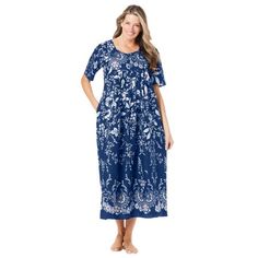 Only Necessities Women's Plus Size Bib Front Lounger Dress Or Nightgown .Made in beautiful prints with a full sweeping silhouette, this woven cotton lounge dress is both cute and comfy. An adorable bib with three buttons is done in a second pattern to match the hem, and feminine flutter sleeves add a pretty touch. Lounge in this relaxed style around the house, and transition it into nightgown at bedtime. Side seam pocketsAverage: 54" length Petite 52" lengthThis style also comes in a 44" length! Nightgown Dress, Shirt Style Tops, Essential Dress, Lounge Dress, Printed Long Dresses, Midi Short Sleeve Dress, Career Dress, Swimsuits For All, House Dress