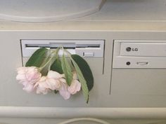 pink flowers are hanging from the front of an air conditioner's control panel