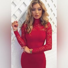 Brand: Yoins Size: Small Color: Red Condition: New With Tags Closure: Hidden Back Zipper Long Lace Sleeves Knee Length Halloween Vegas, Red Midi Dress Bodycon, Long Sleeve Bodycon Midi Dress, Kardashian Beauty, Bio Fashion, Red Bodycon, Red Bodycon Dress, White Bodycon Dress, Fashionista Style