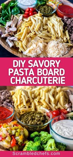 the ingredients for this pasta salad are arranged on a platter with text overlay that reads diy savory pasta - a board charcuterie